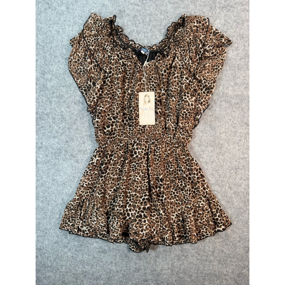 Truly Me Girls Leopard Print Romper Brown Chiffon Ruffle Size 16 NWT
